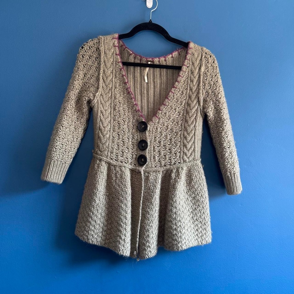 Free People Wool Blend Cardigan Women's Size XS Peplum Brown Knit Boho Fairycore